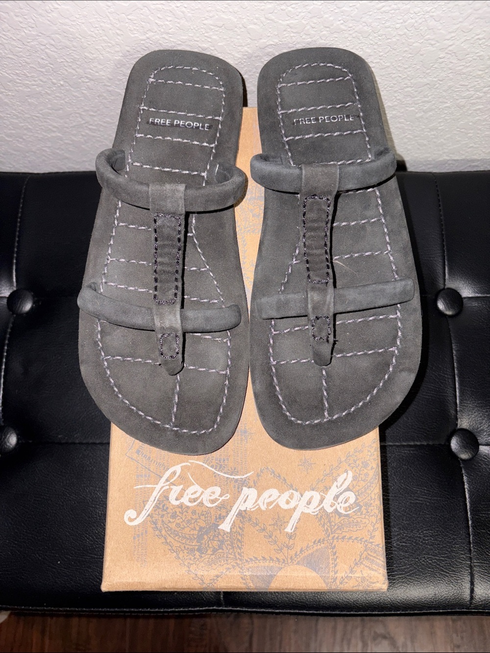 Free People Gray Suede Double-Strap Toe-Post Sandals